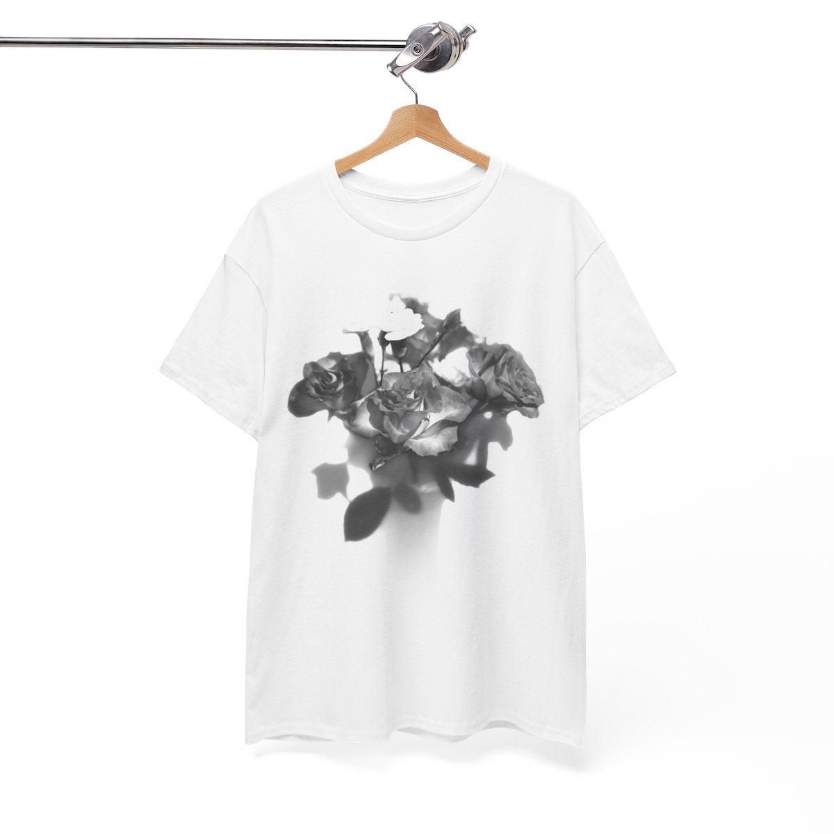 floral gildan 5000 cotton heavy t-shirt featuring black and white roses