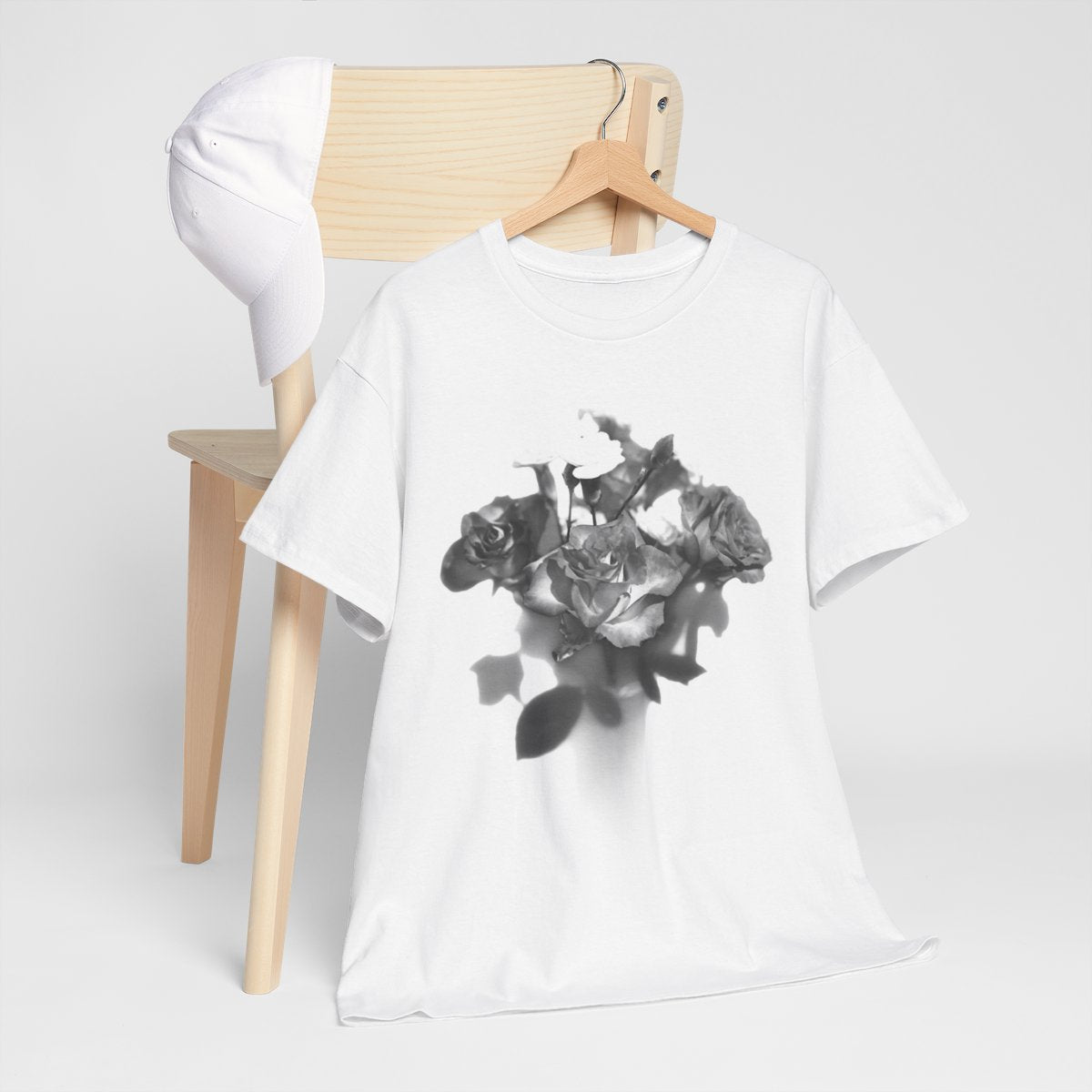 floral gildan 5000 cotton heavy t-shirt featuring black and white roses
