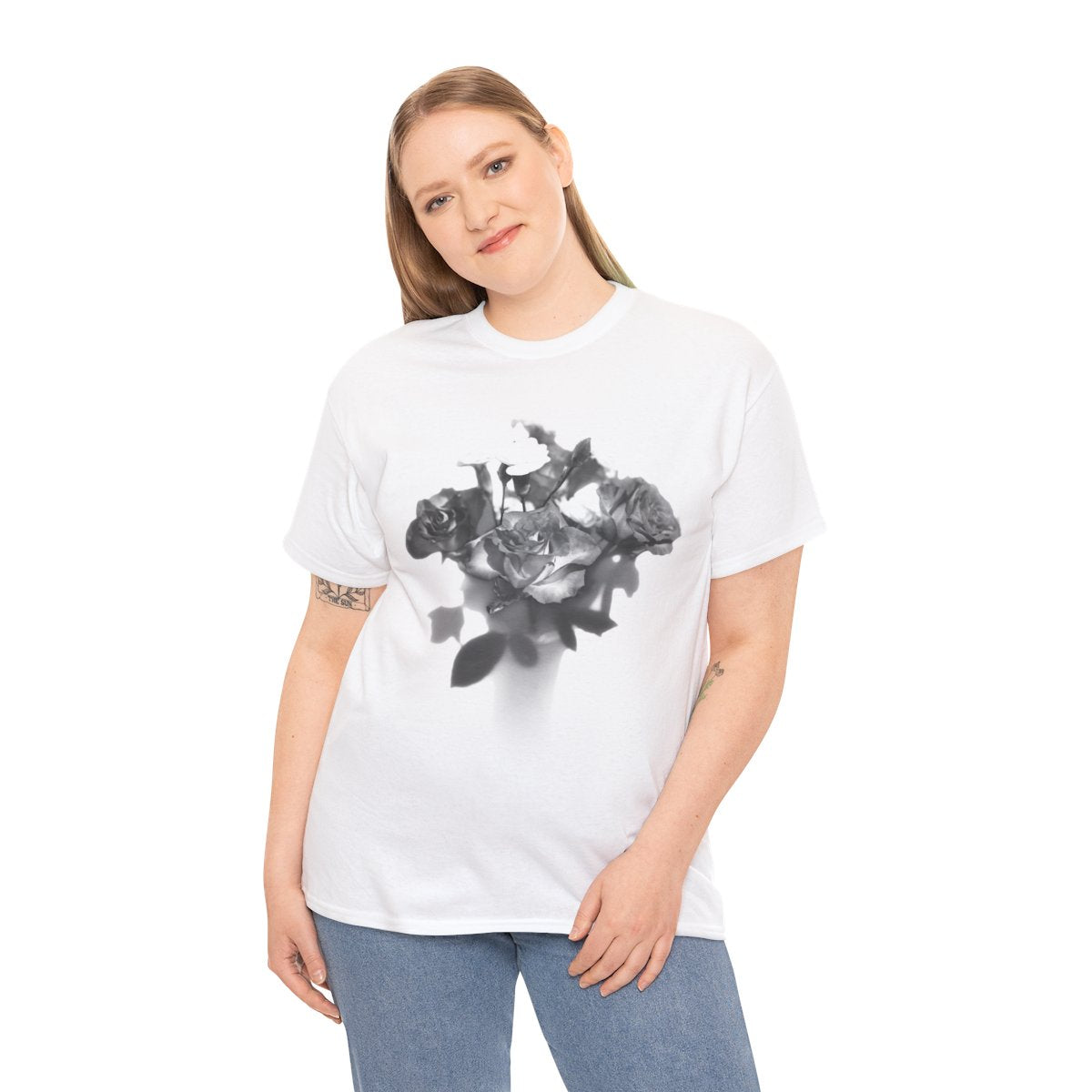 floral gildan 5000 cotton heavy t-shirt featuring black and white roses