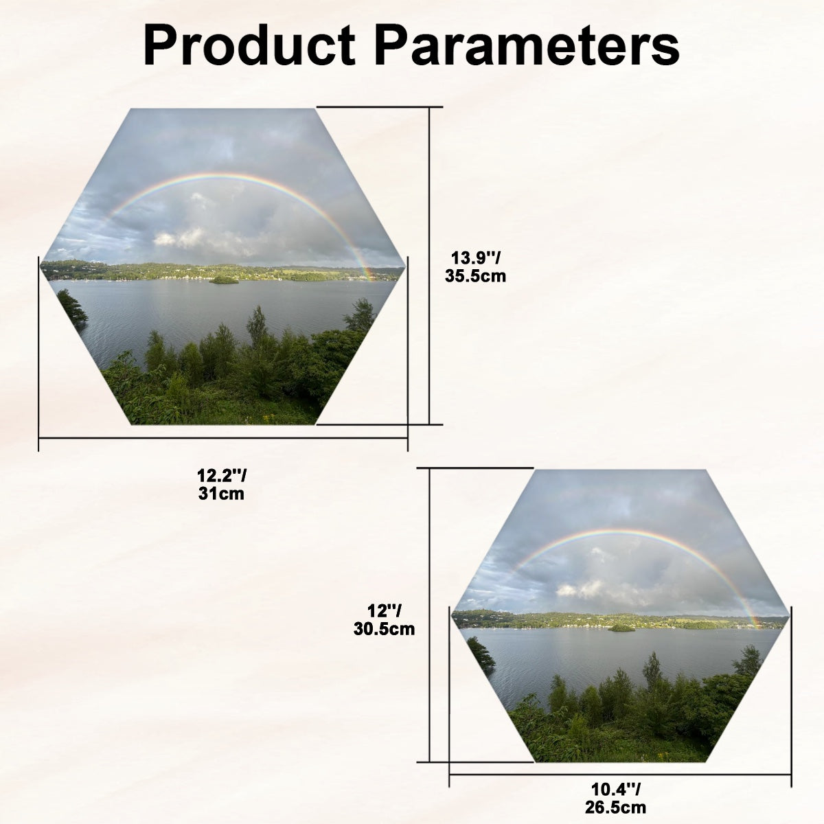 Countryside Lake Rainbow Single Hexagon Decorative Sound Absorbing Panel by Papis Canvas showing two hexagon panels with dimensions