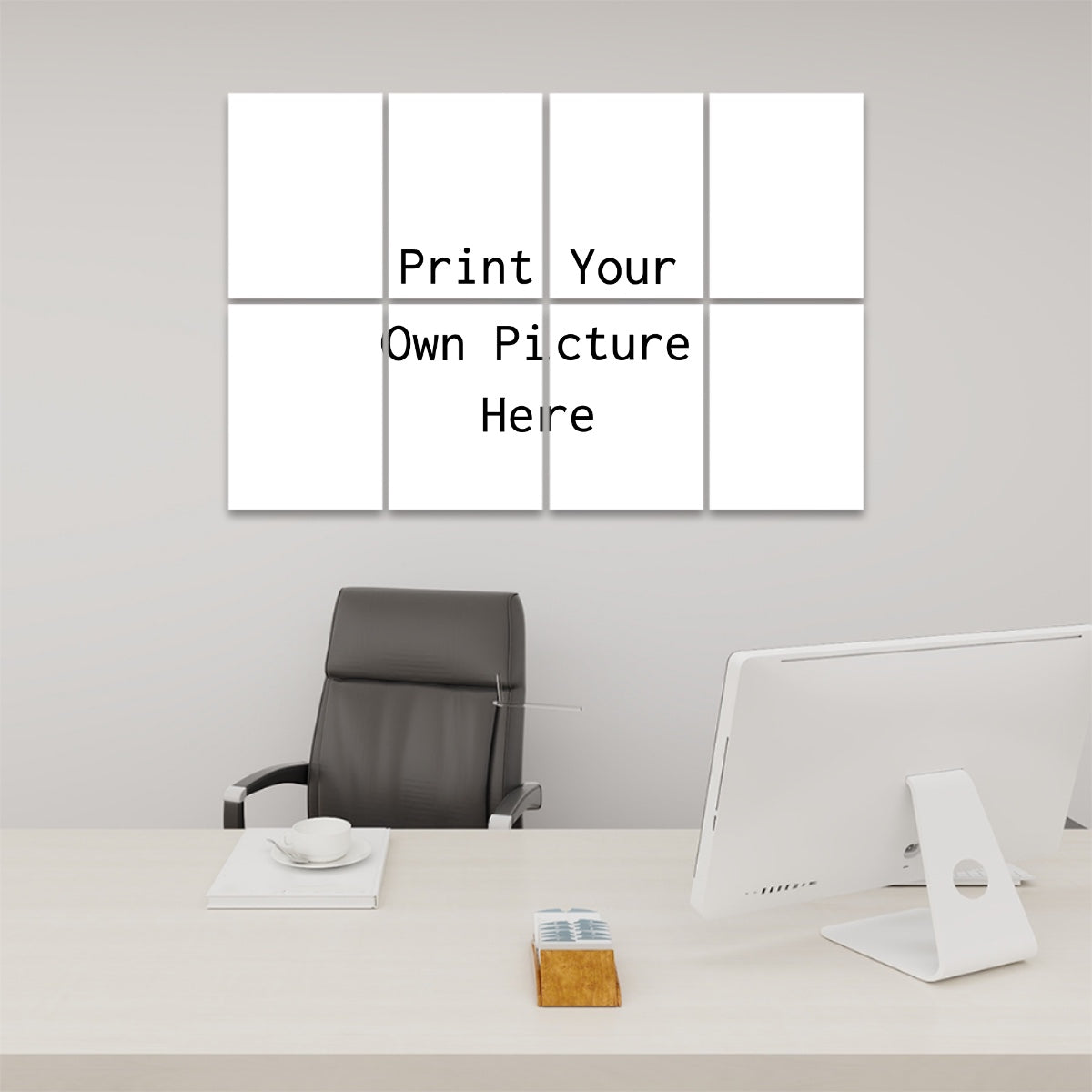 Custom Image Sound Panels displayed as eight white print your own picture panels above office desk with monitor and leather chair