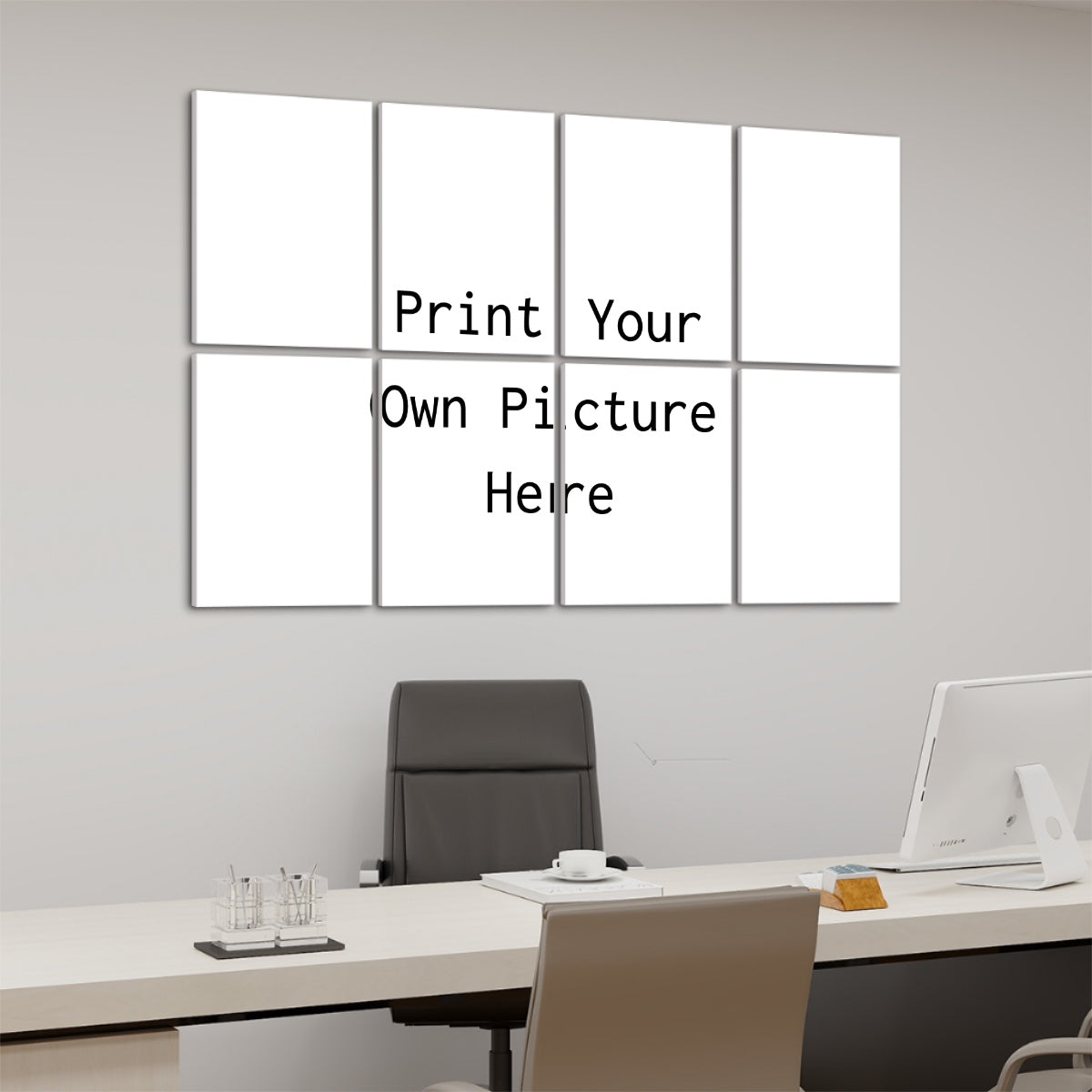 Papis Canvas Custom Image Sound Panels mockup showing eight white rectangular panels above a modern office desk and chair