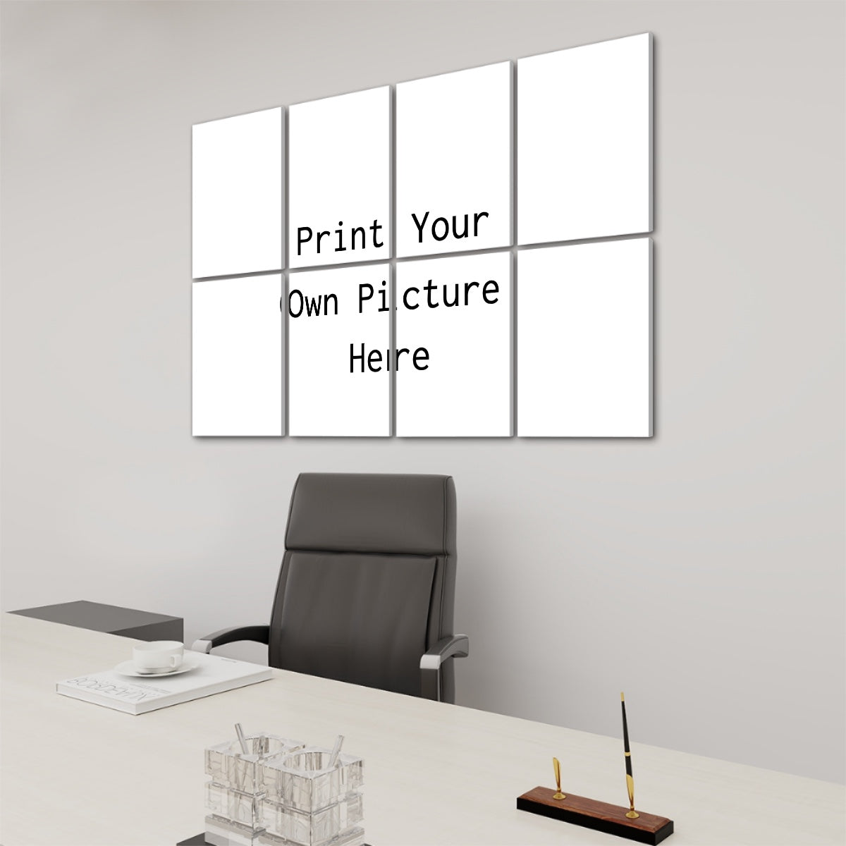 Custom Image Sound Panels showing eight white modular panels above an office desk and leather chair