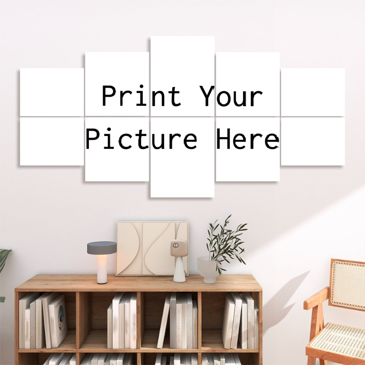 Custom Photo Sound Absorbing Wall Panels mockup 10 panel gallery display above wooden console with books and lamp