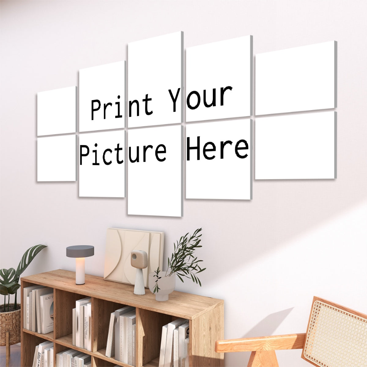 Custom Photo Sound Absorbing Wall Panels white multi panel mockup above wooden shelf in living room