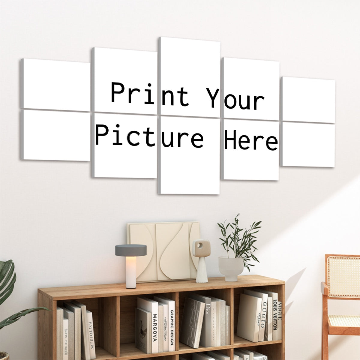 Custom Photo Sound Absorbing Wall Panels multi panel white mockup above bookshelf with lamp plant