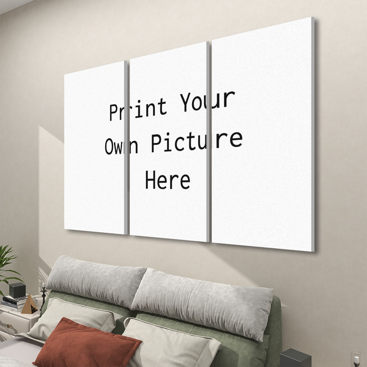 Papis Canvas Custom Wall Art Sound Panels three panel white acoustic panels above bed in modern bedroom