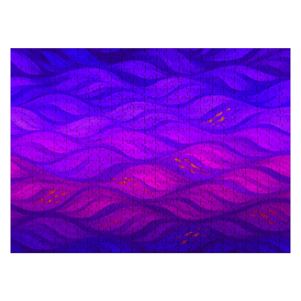 500 piece wooden jigsaw puzzle in technicolor featuring high-saturation purples, blues, and reds in dynamic wave forms