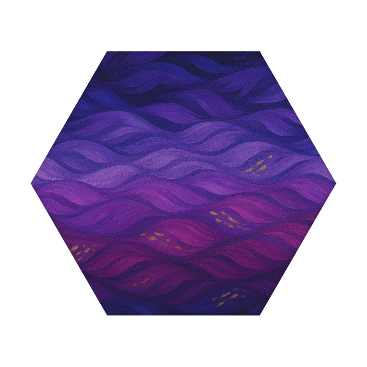 Hexagonal sound absorbing panel featuring flowing purple and magenta waves with golden accents, Gilded Amethyst Currents in full color.