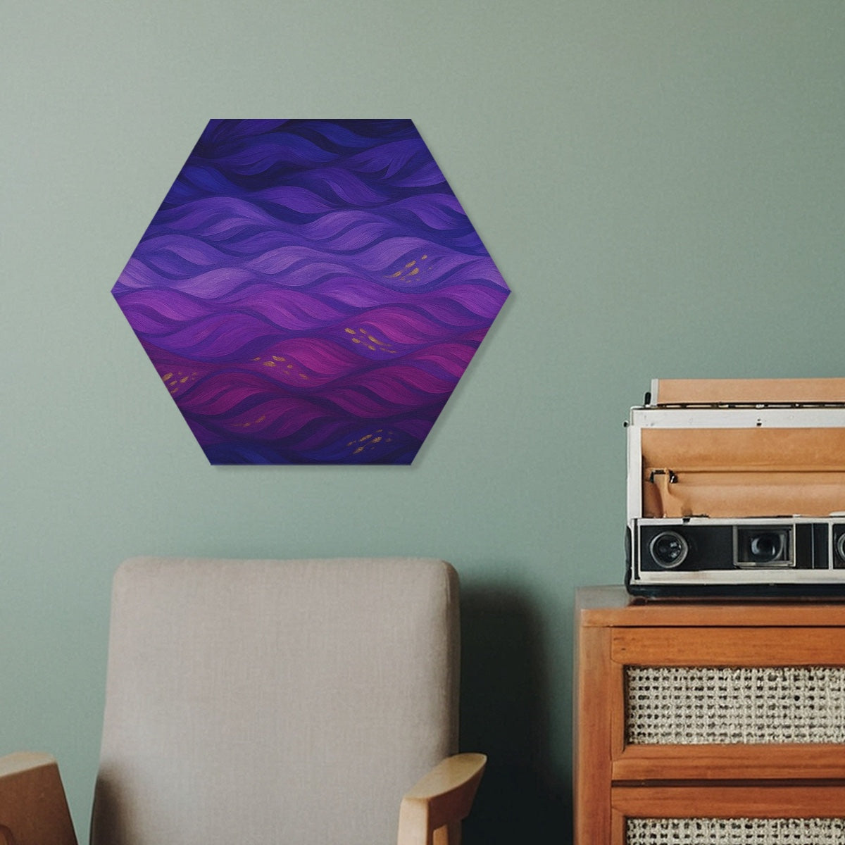 Hexagonal sound absorbing panel featuring flowing purple and magenta waves with golden accents, Gilded Amethyst Currents in full color.