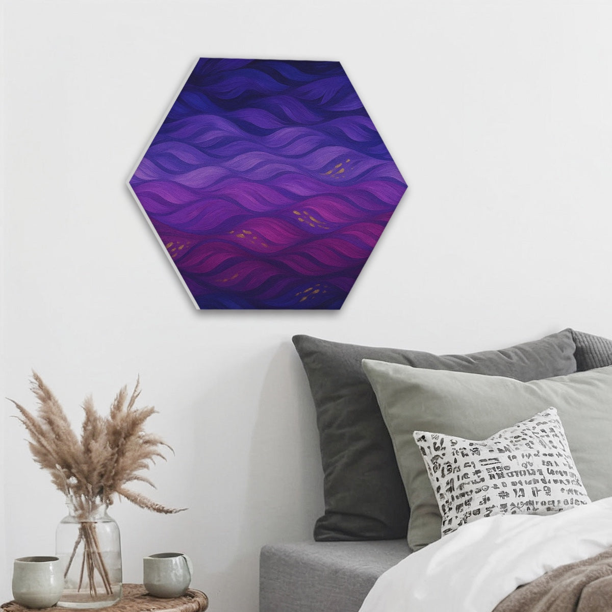 Hexagonal sound absorbing panel featuring flowing purple and magenta waves with golden accents, Gilded Amethyst Currents in full color.