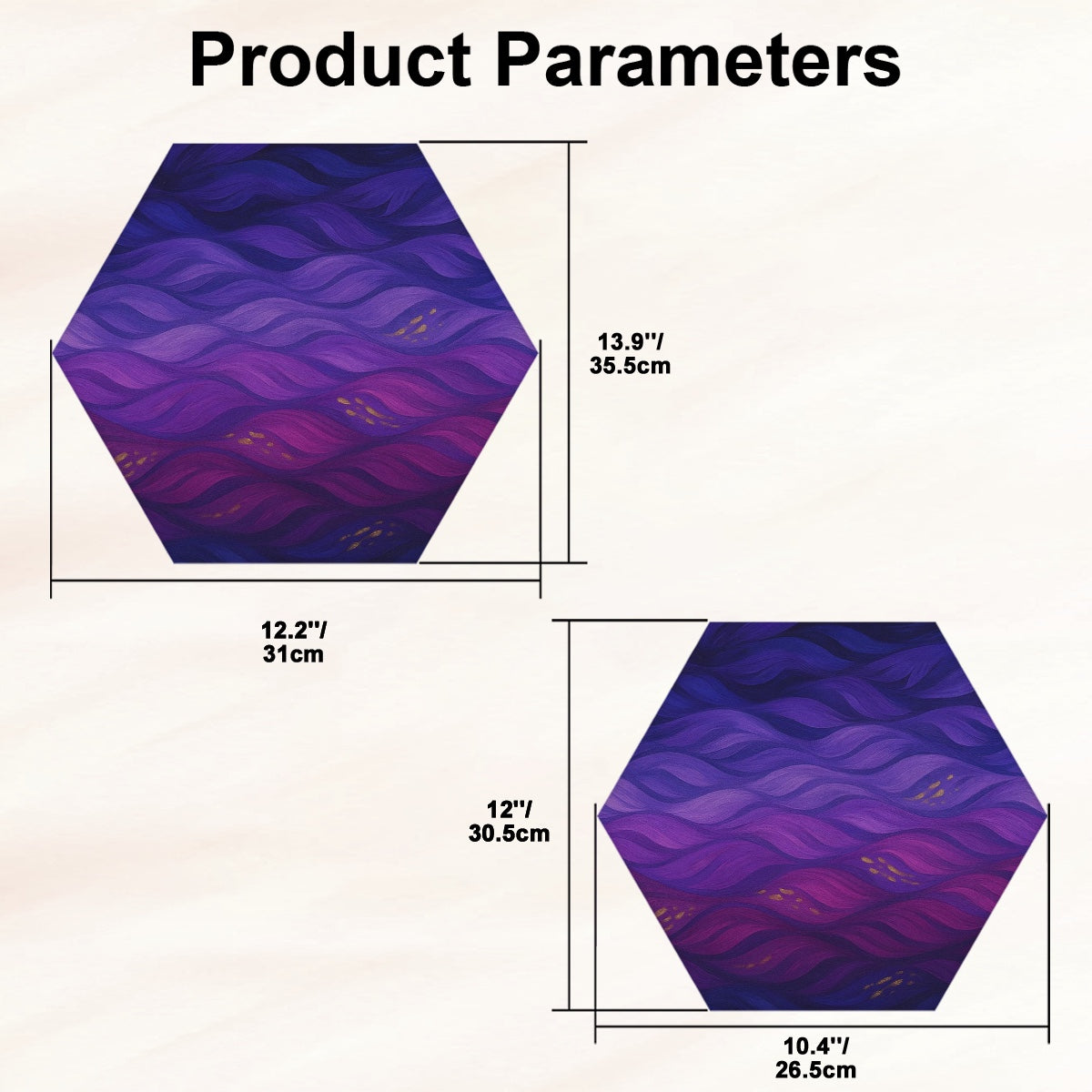 Hexagonal sound absorbing panel featuring flowing purple and magenta waves with golden accents, Gilded Amethyst Currents in full color.