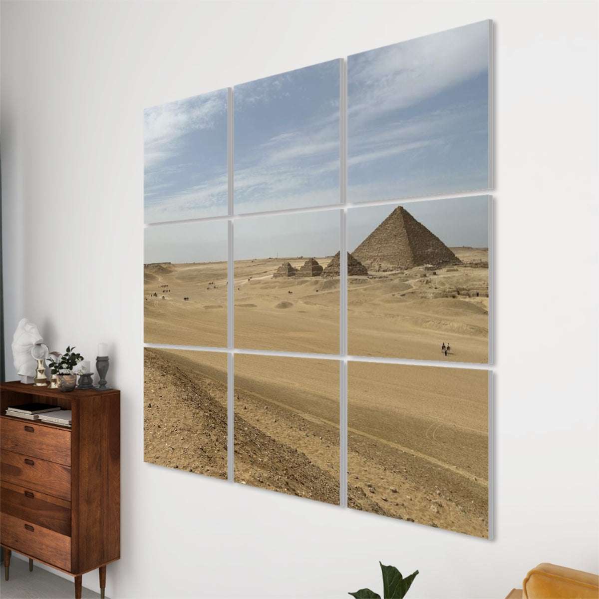 9-panel acoustic wall art featuring the Pyramid of Menkaure in full color, sound-absorbing polyester panels