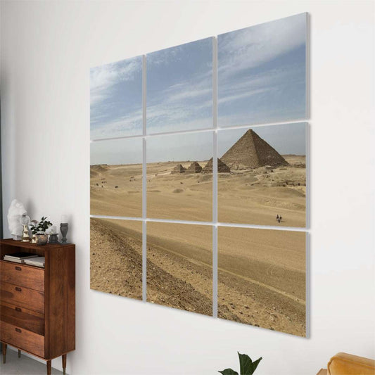 9-panel acoustic wall art featuring the Pyramid of Menkaure in full color, sound-absorbing polyester panels