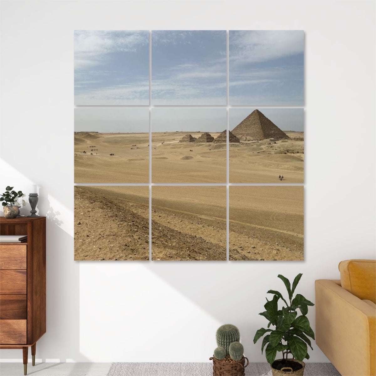 9-panel acoustic wall art featuring the Pyramid of Menkaure in full color, sound-absorbing polyester panels