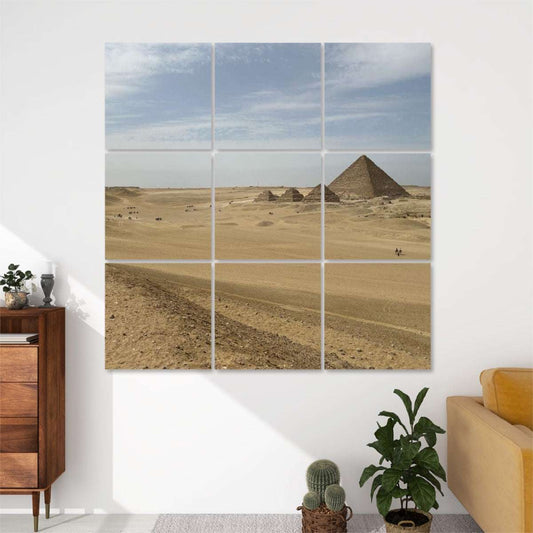 9-panel acoustic wall art featuring the Pyramid of Menkaure in full color, sound-absorbing polyester panels