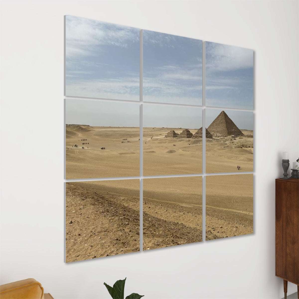 9-panel acoustic wall art featuring the Pyramid of Menkaure in full color, sound-absorbing polyester panels