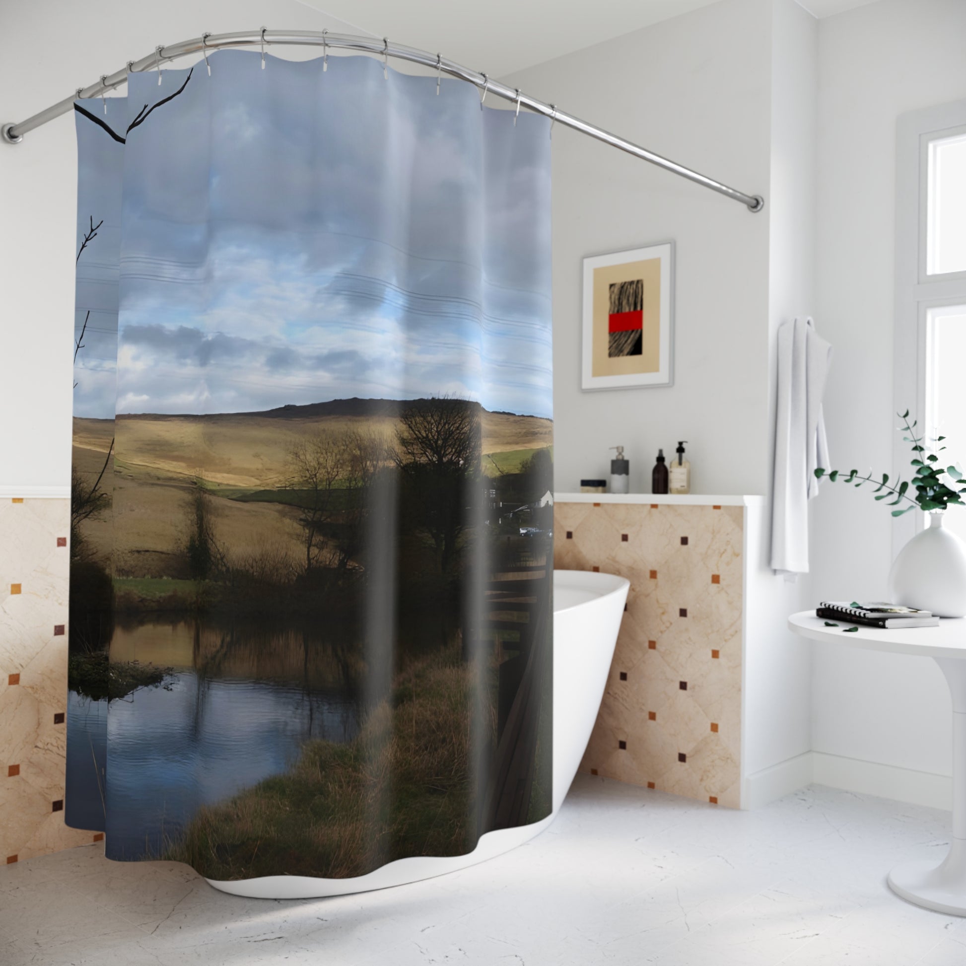 Scenic shower curtain with a golden British countryside landscape, pond reflections, and cloudy sky in natural color tones.