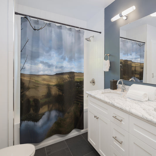 Scenic shower curtain with a golden British countryside landscape, pond reflections, and cloudy sky in natural color tones.