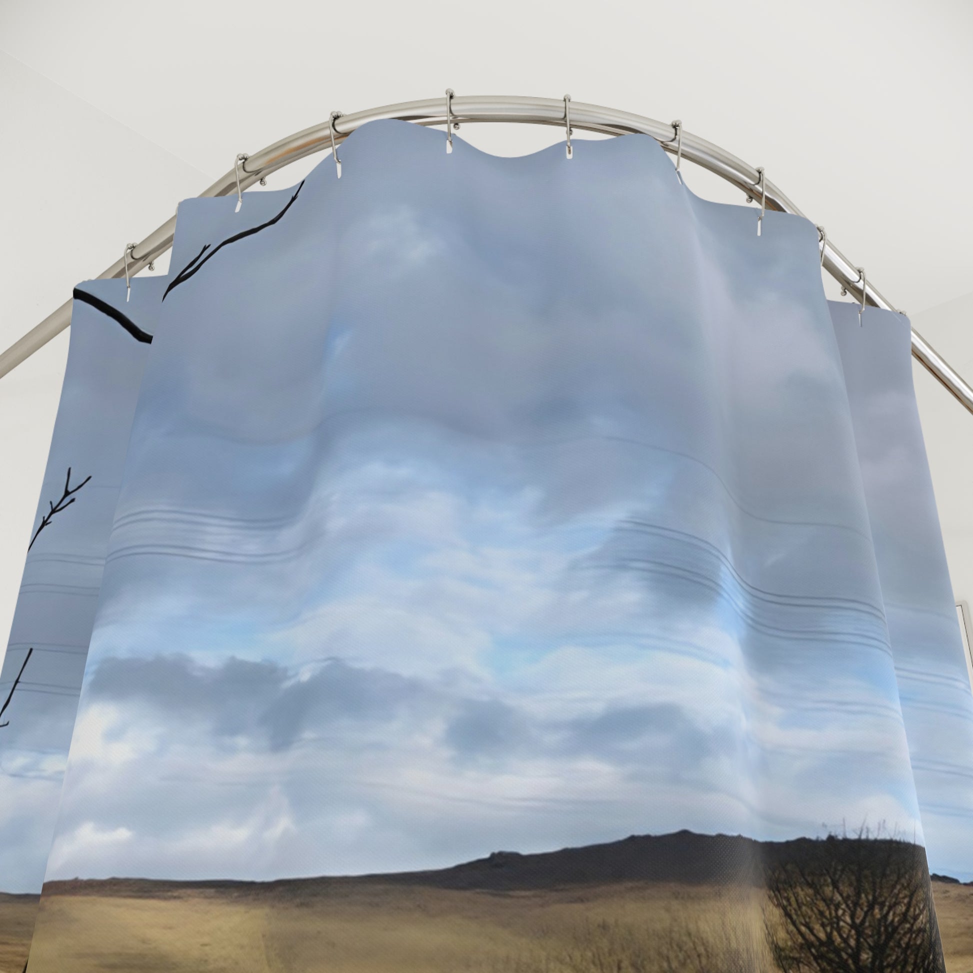 Scenic shower curtain with a golden British countryside landscape, pond reflections, and cloudy sky in natural color tones.