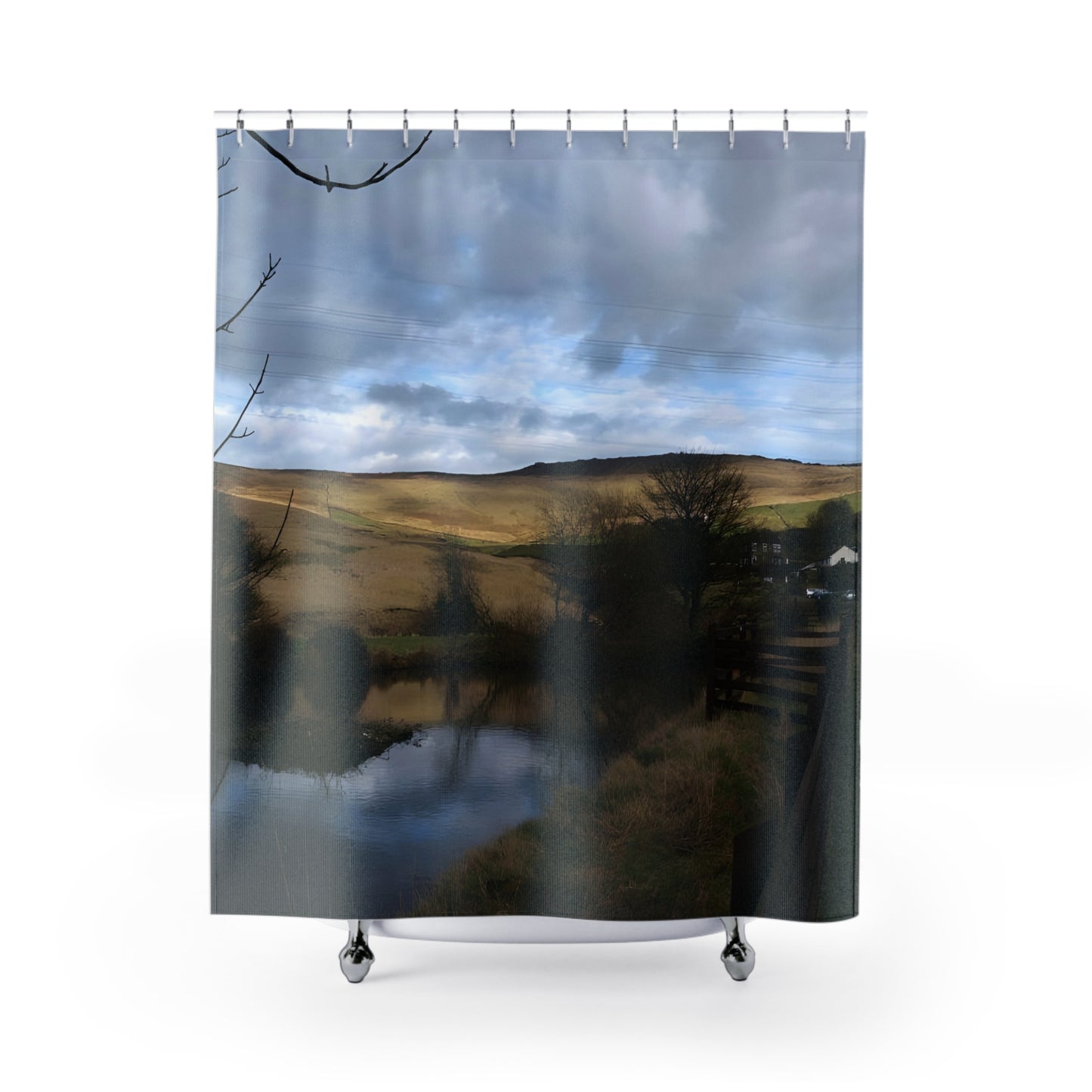 Scenic shower curtain with a golden British countryside landscape, pond reflections, and cloudy sky in natural color tones.