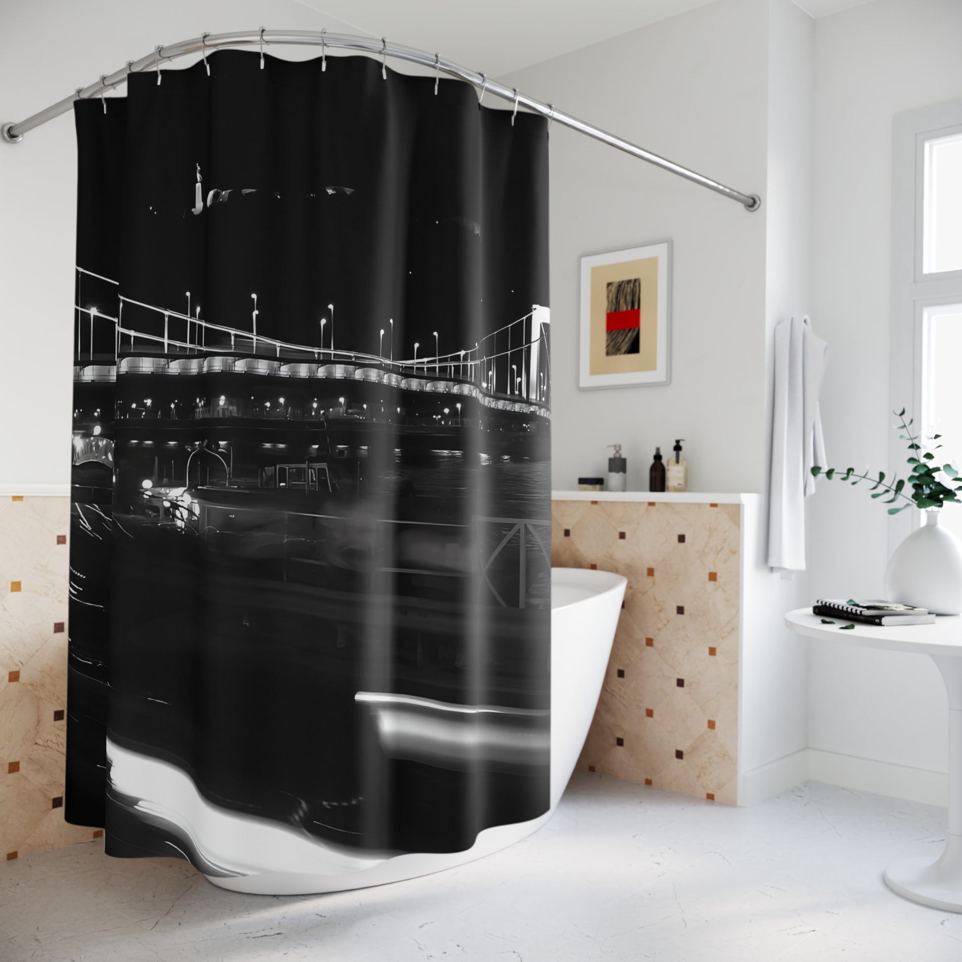 Designer shower curtain featuring bridge in Budapest over the Danube river with Citadel in the background, size: 71’’x74’’