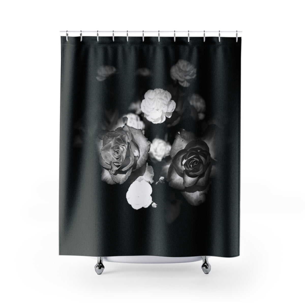floral designer shower curtain featuring black and white close up of roses in black background size: 71''x74''