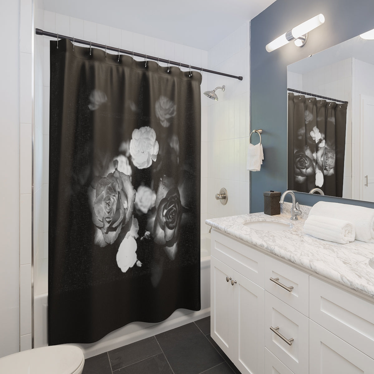 floral designer shower curtain featuring black and white close up of roses in black background size: 71''x74''