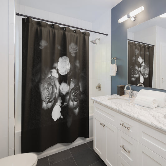 floral designer shower curtain featuring black and white close up of roses in black background size: 71''x74''