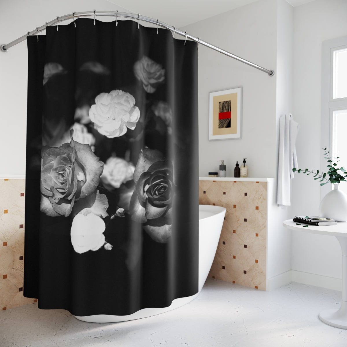 floral designer shower curtain featuring black and white close up of roses in black background size: 71''x74''
