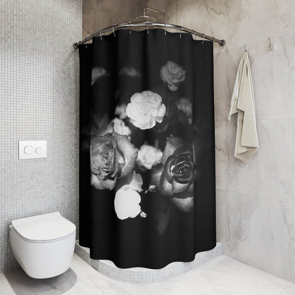 floral designer shower curtain featuring black and white close up of roses in black background size: 71''x74''