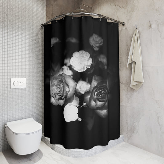 floral designer shower curtain featuring black and white close up of roses in black background size: 71''x74''