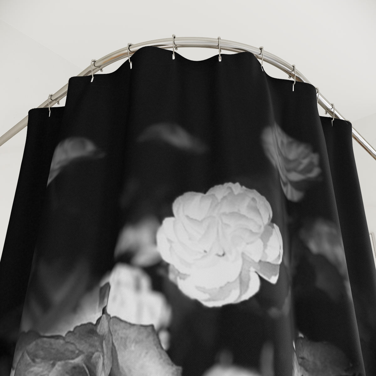 floral designer shower curtain featuring black and white close up of roses in black background size: 71''x74''