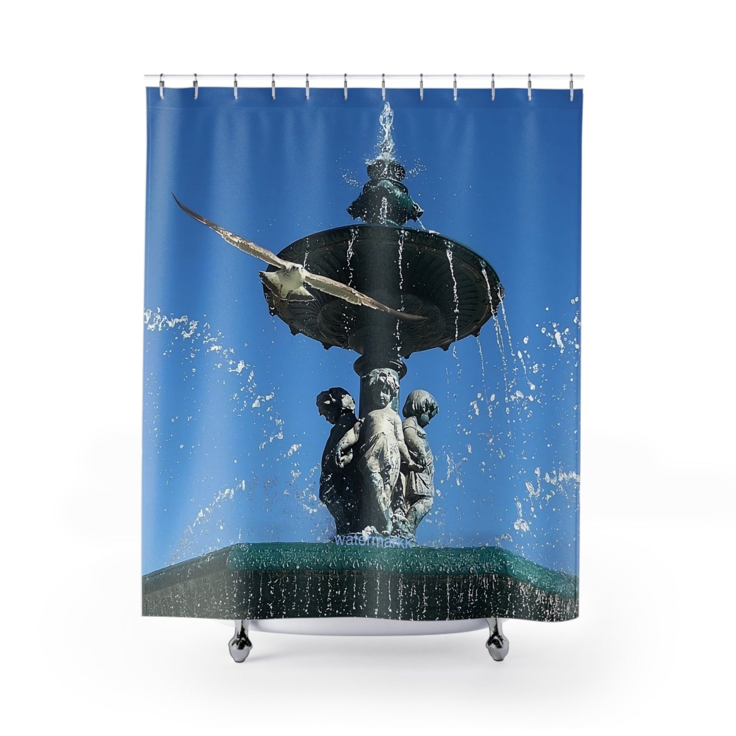 Designer shower curtain featuring seagull from Lisbon in flight with fountain in background, size 71’’x74’’