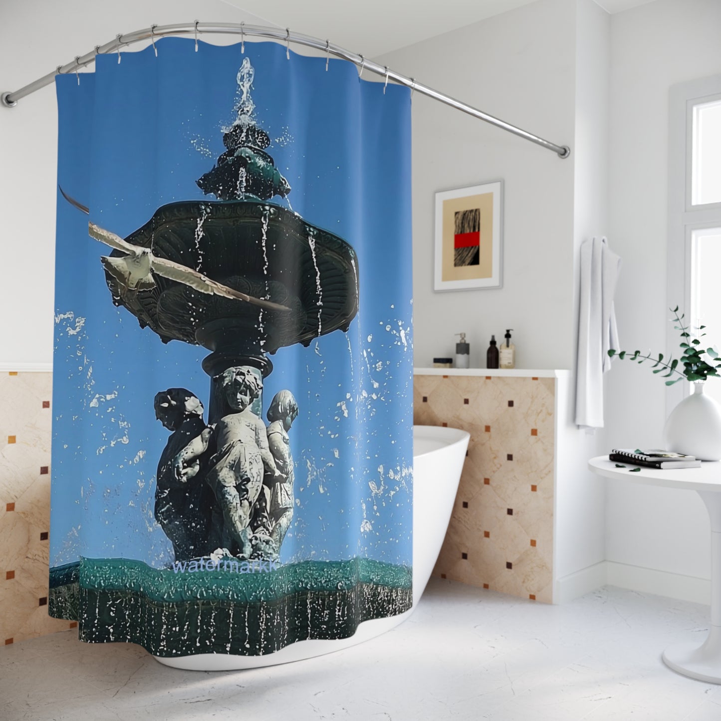 Designer shower curtain featuring seagull from Lisbon in flight with fountain in background, size 71’’x74’’