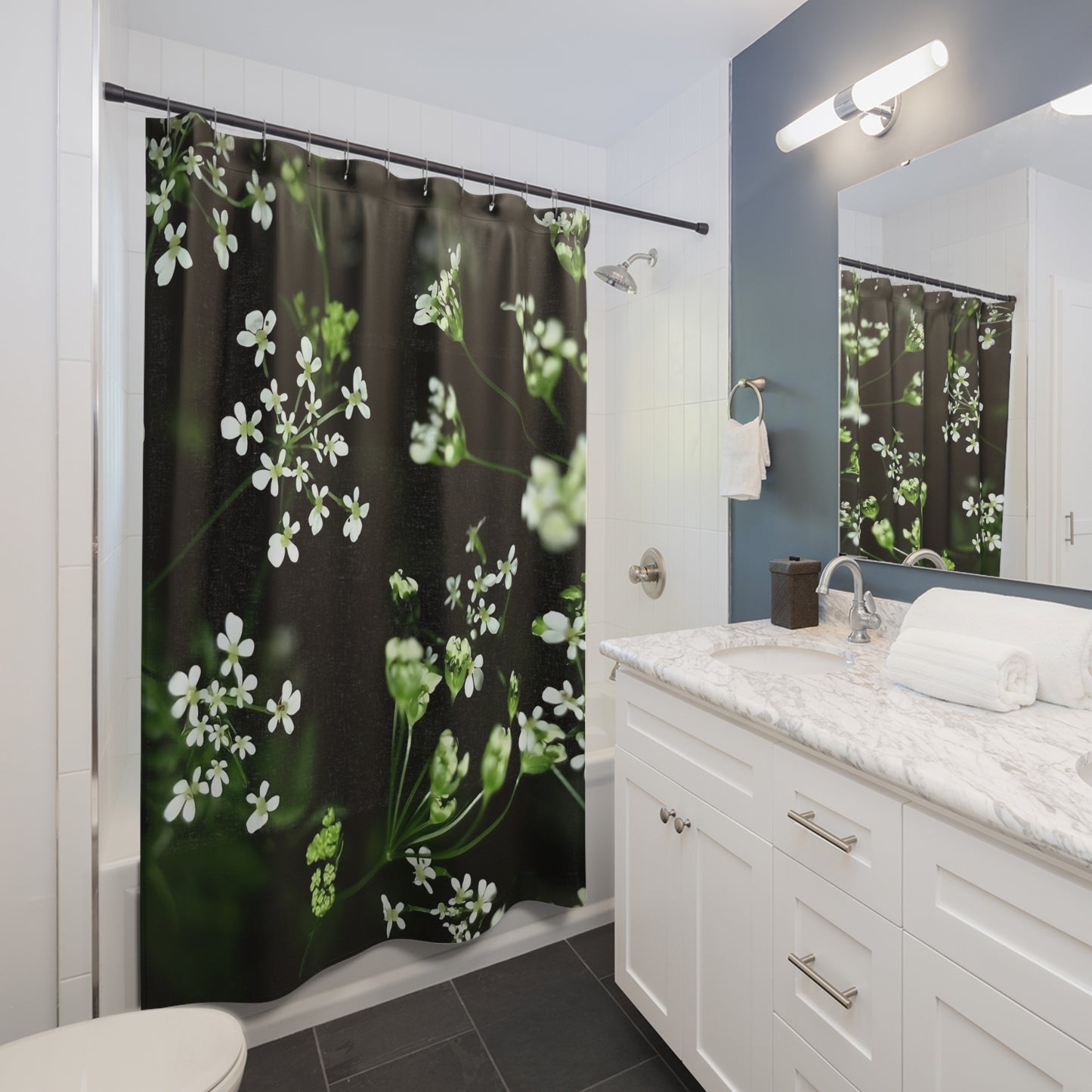 Designer floral shower curtain with white little flowers and black and green background, size: 71’’x74’’