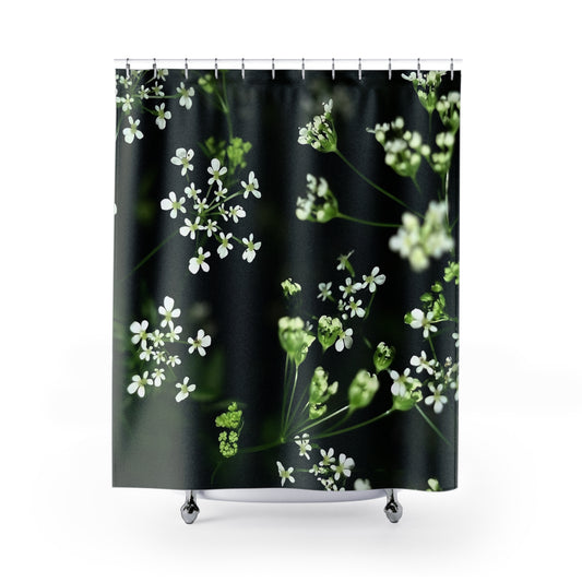 Designer floral shower curtain with white little flowers and black and green background, size: 71’’x74’’