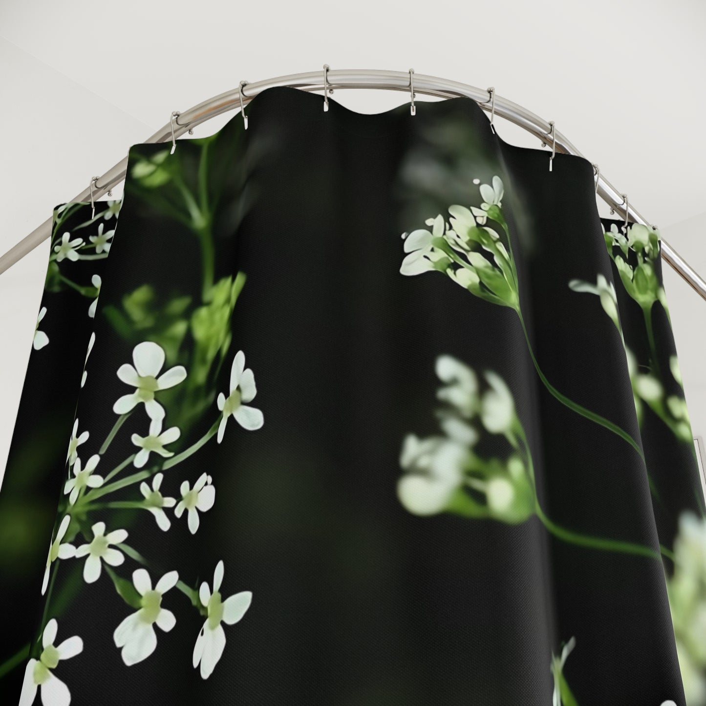 Designer floral shower curtain with white little flowers and black and green background, size: 71’’x74’’