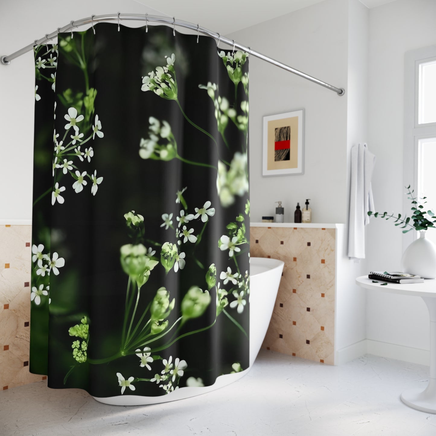 Designer floral shower curtain with white little flowers and black and green background, size: 71’’x74’’