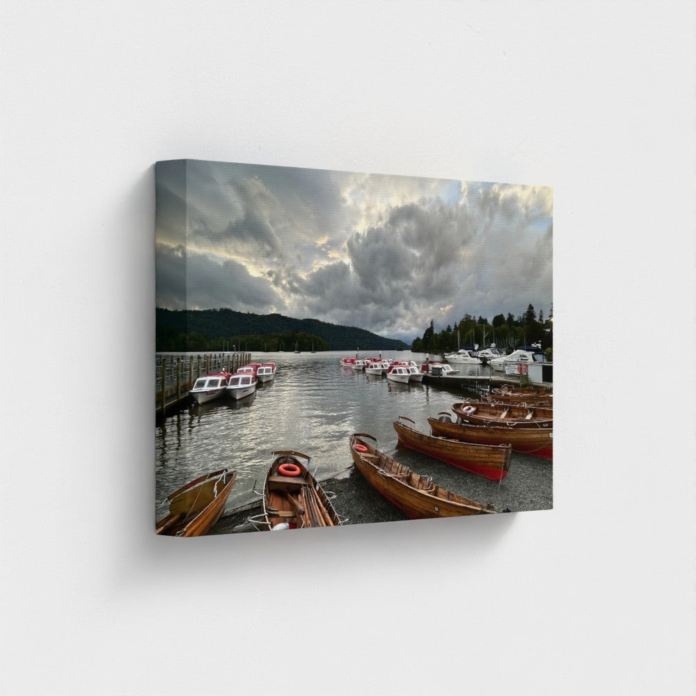Papi's Canvas eco canvas wall art Windermere featuring scenic lake, boats, and cloudy sky