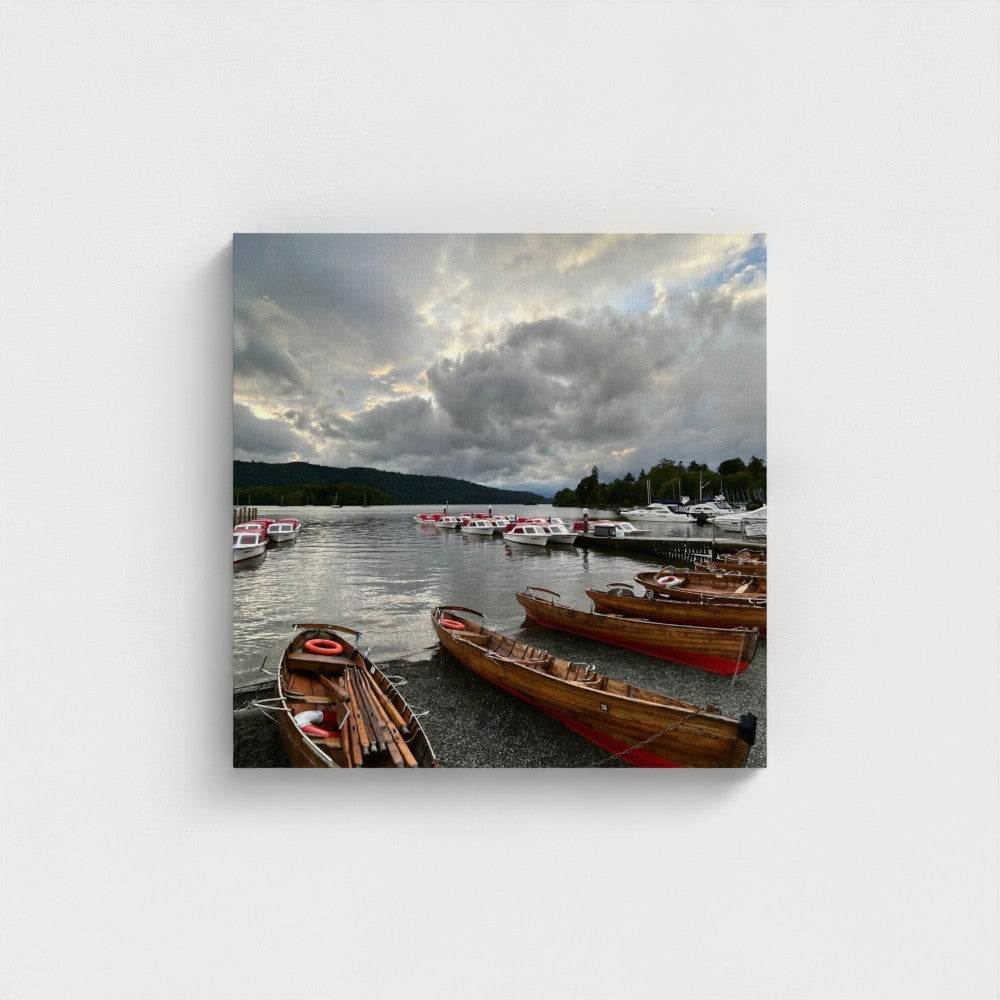 Eco canvas wall art Windermere featuring a scenic lake view with boats under cloudy sky