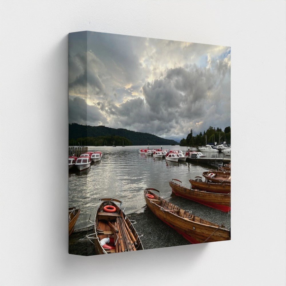 Eco canvas wall art Windermere depicting wooden boats docked on a lake under cloudy skies
