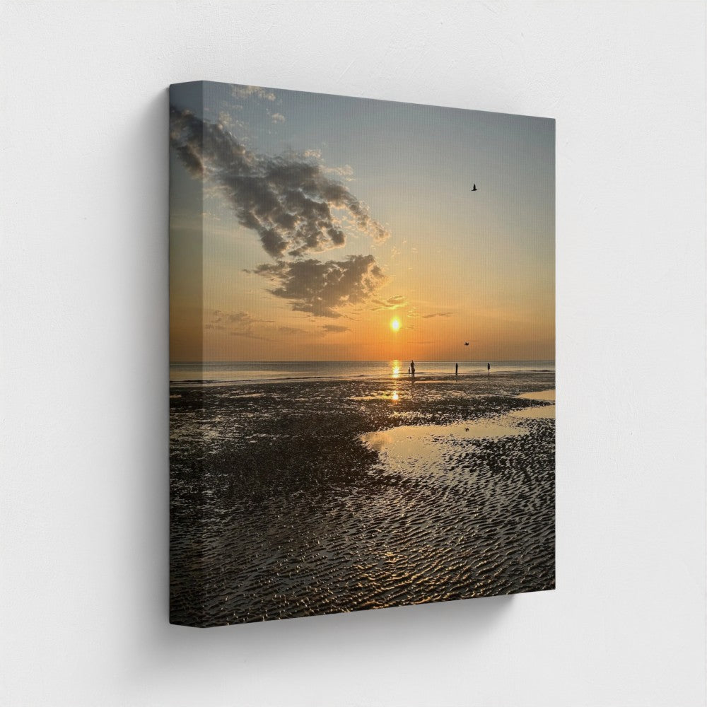 Papi's Canvas Eco-Friendly Giclee print of a serene beach sunset with silhouettes and reflective water