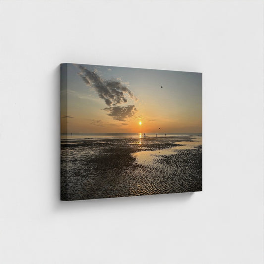 Papi's Canvas eco-friendly giclee of a serene beach sunset with textured sand and reflective water