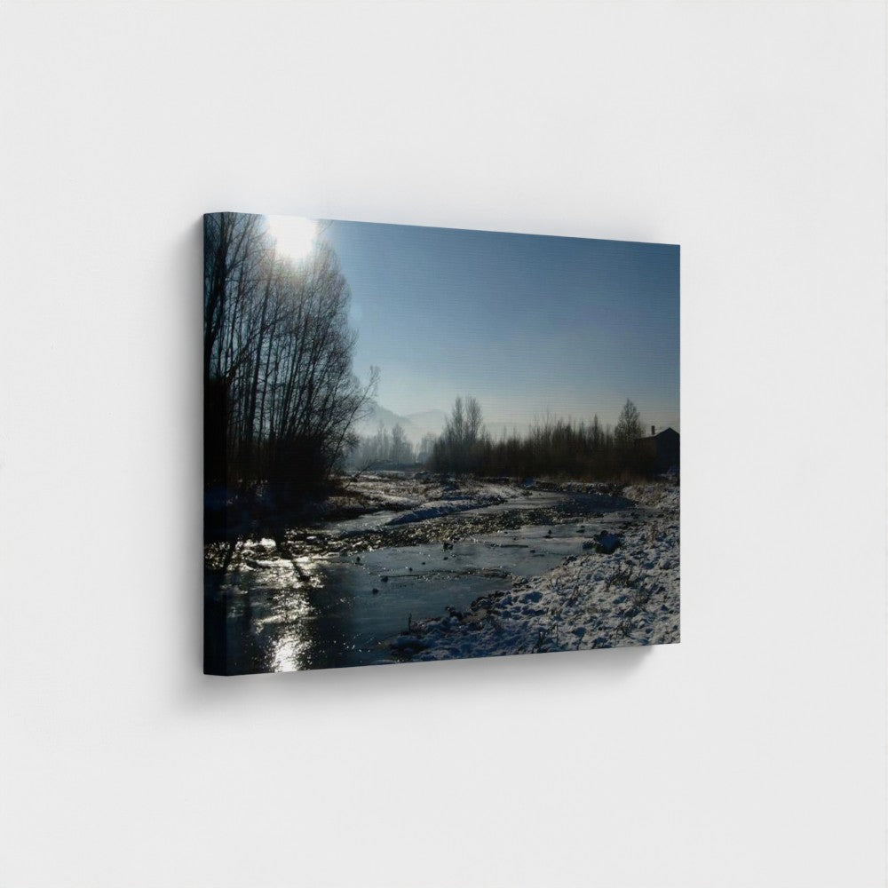 Eco-Friendly Landscape Wall Art featuring a river and forest in winter under a clear blue sky