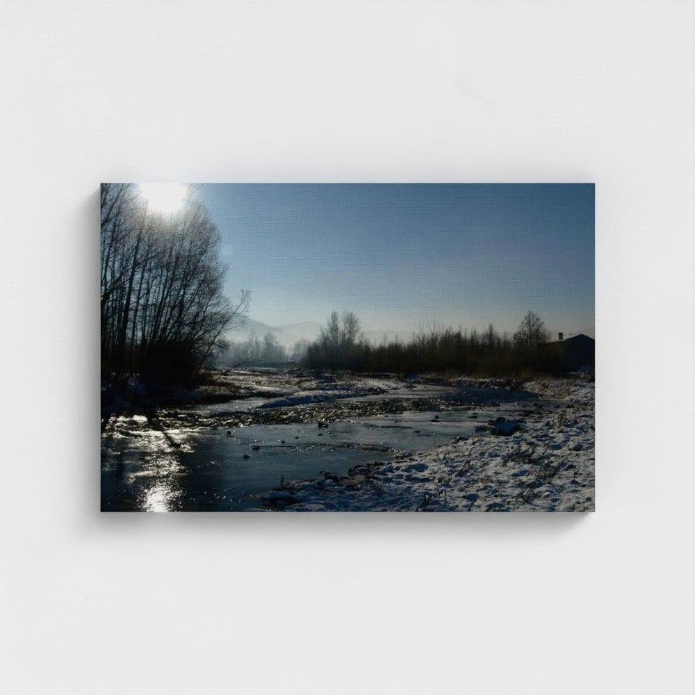 Eco-Friendly Landscape Wall Art featuring a river and forest under a clear blue sky
