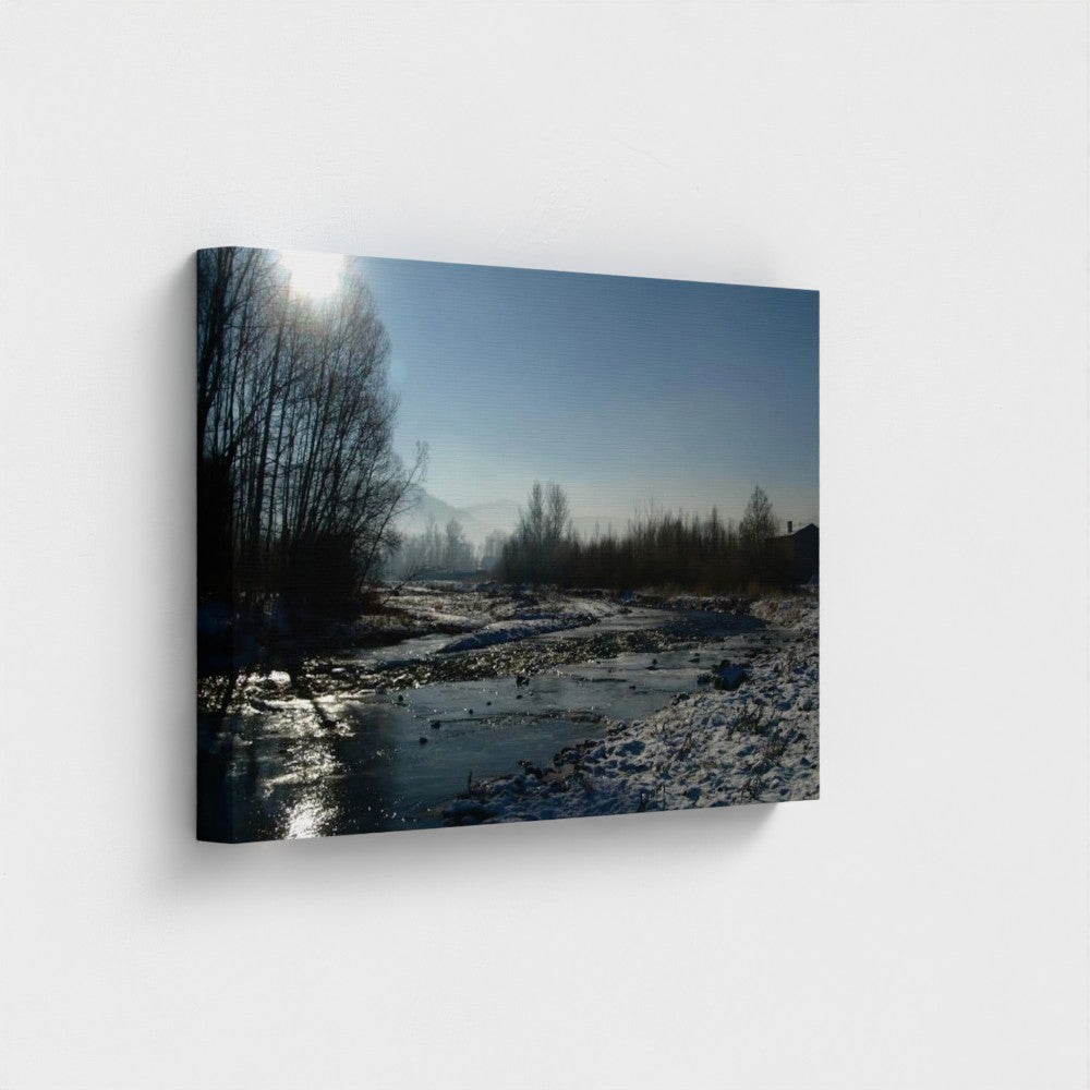 Eco-Friendly Landscape Wall Art featuring river in winter under clear blue sky by Papi's Canvas