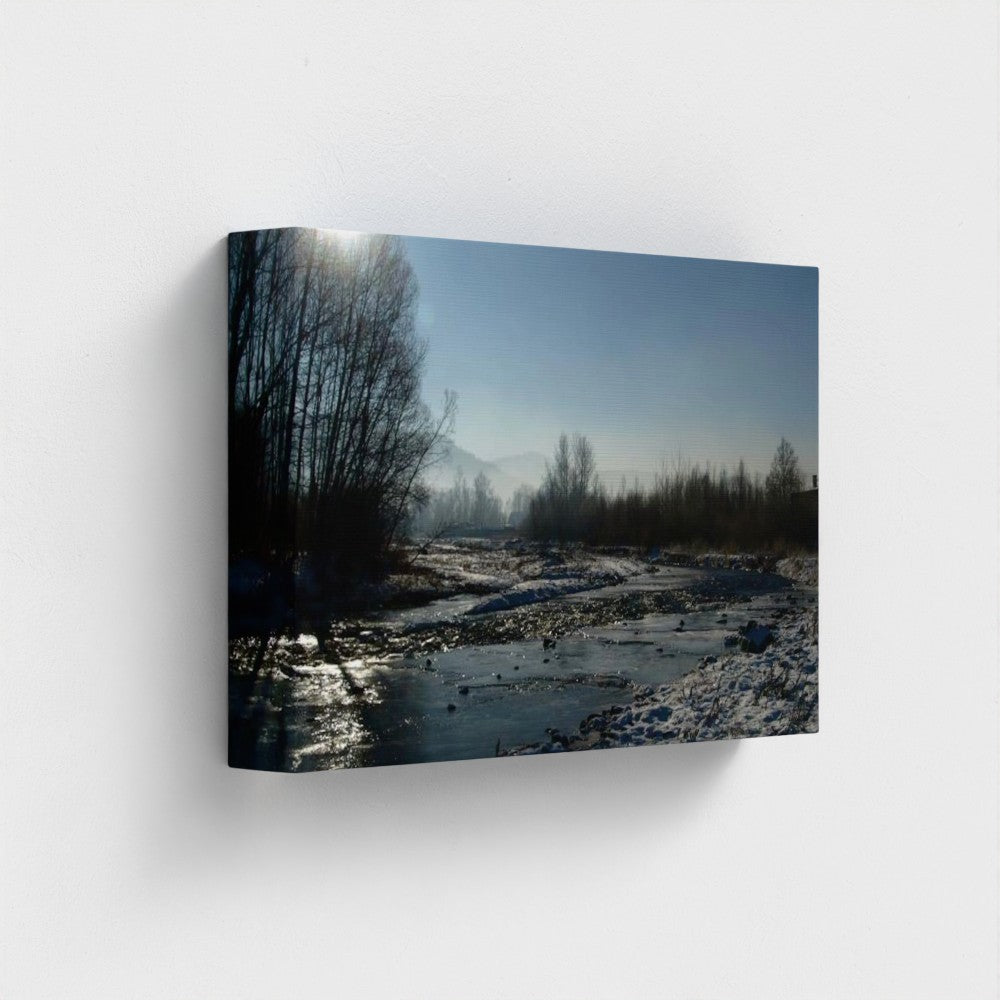 Eco-Friendly Landscape Wall Art showing a river in winter under a clear blue sky