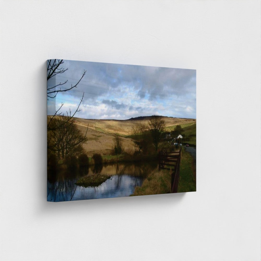 Papi's Canvas Eco-Friendly Wall Art featuring a serene landscape with rolling hills and a reflective pond