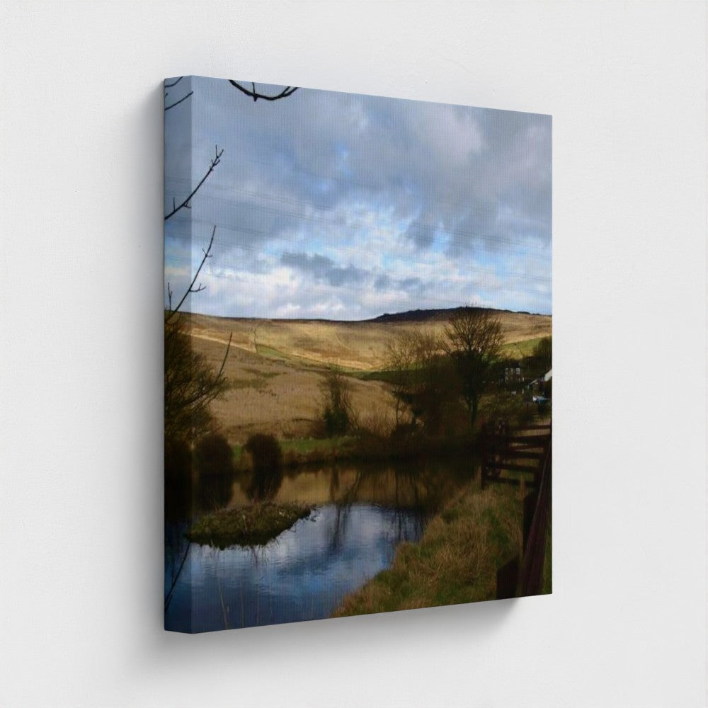 Papi's Canvas Eco-Friendly Wall Art featuring serene countryside landscape with pond and cloudy sky